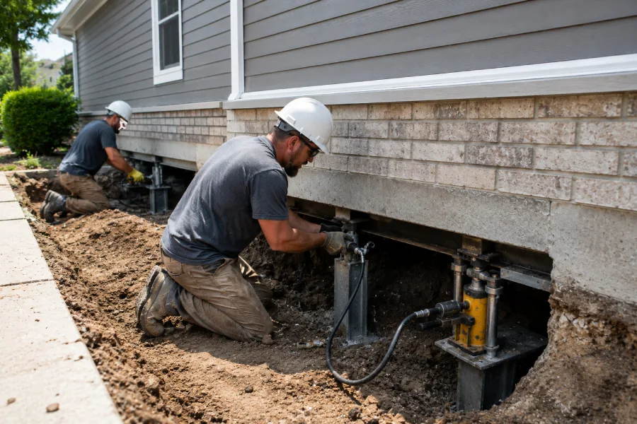 Technician performing concrete slab foundation repair