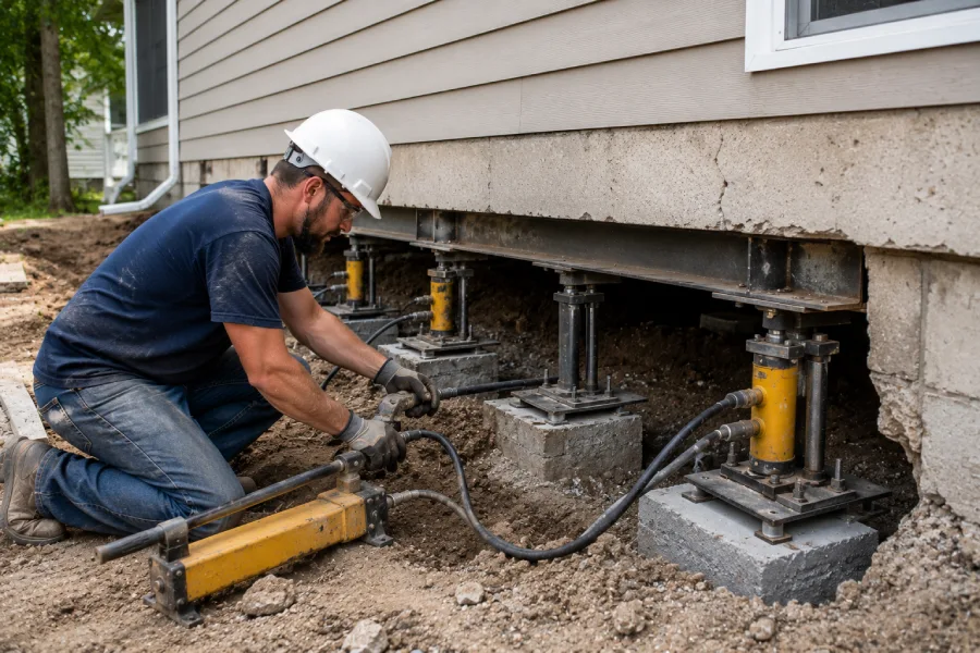 Technician performing foundation leveling beneath a raised home