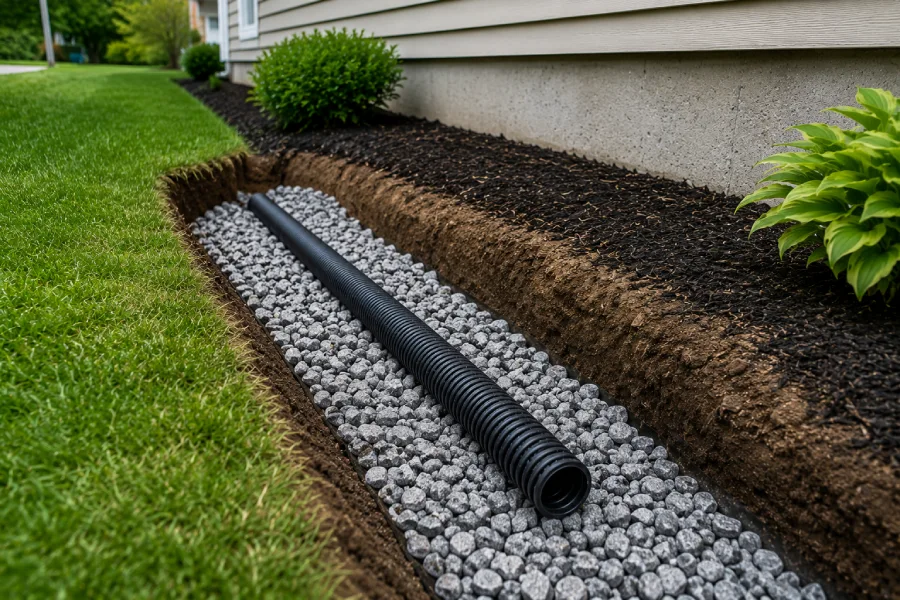 French drain system protecting a residential foundation from water