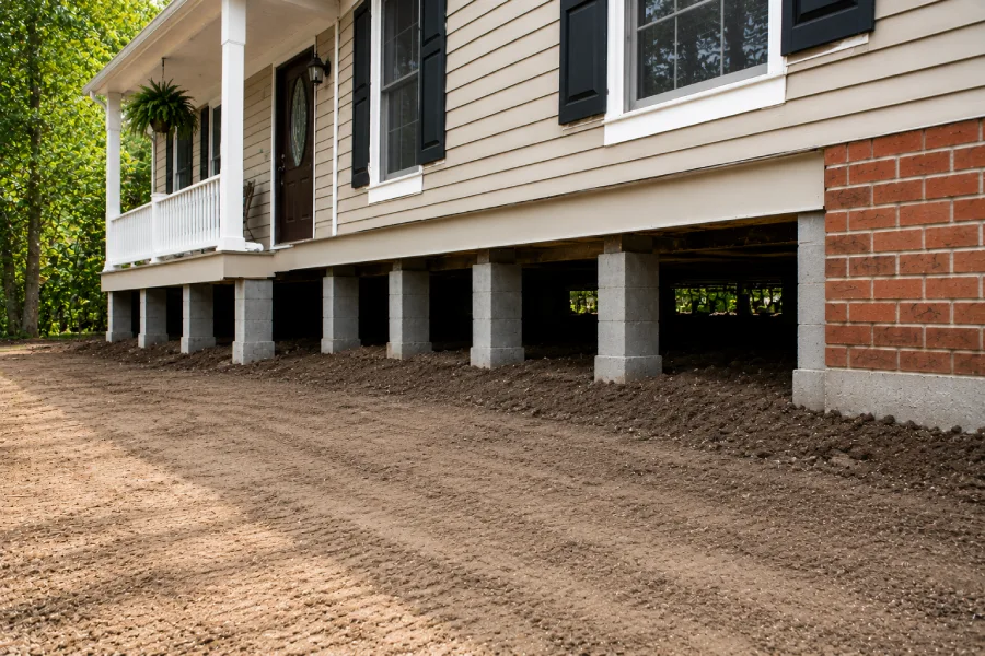 Pier and beam foundation supporting a raised residential home