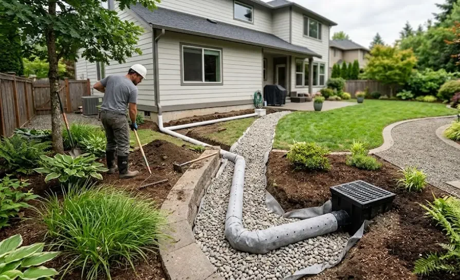 Technician installing drainage beside a residential foundation