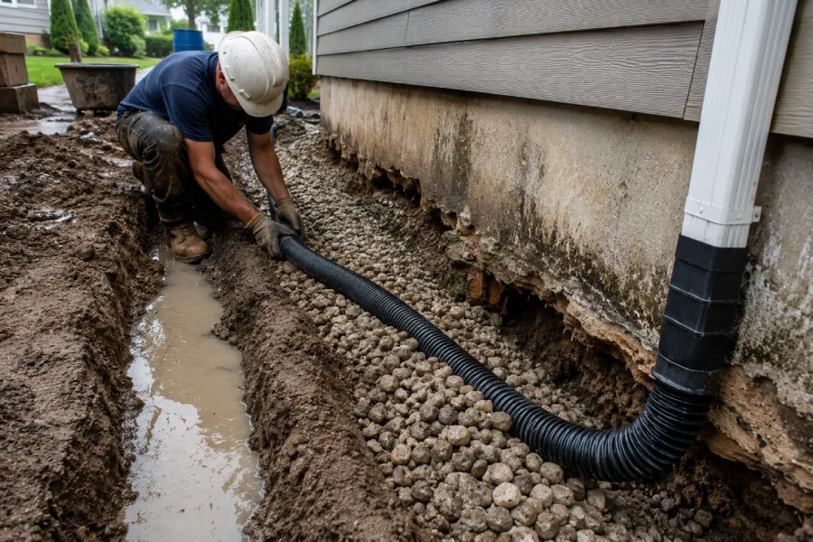 Technician installing a foundation drainage system