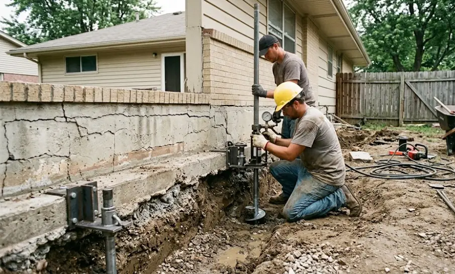 Technician performing foundation repair on a residential home