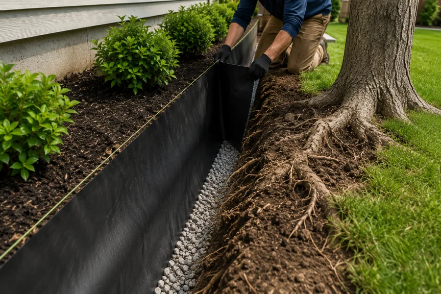 Technician installing drainage beside a residential foundation