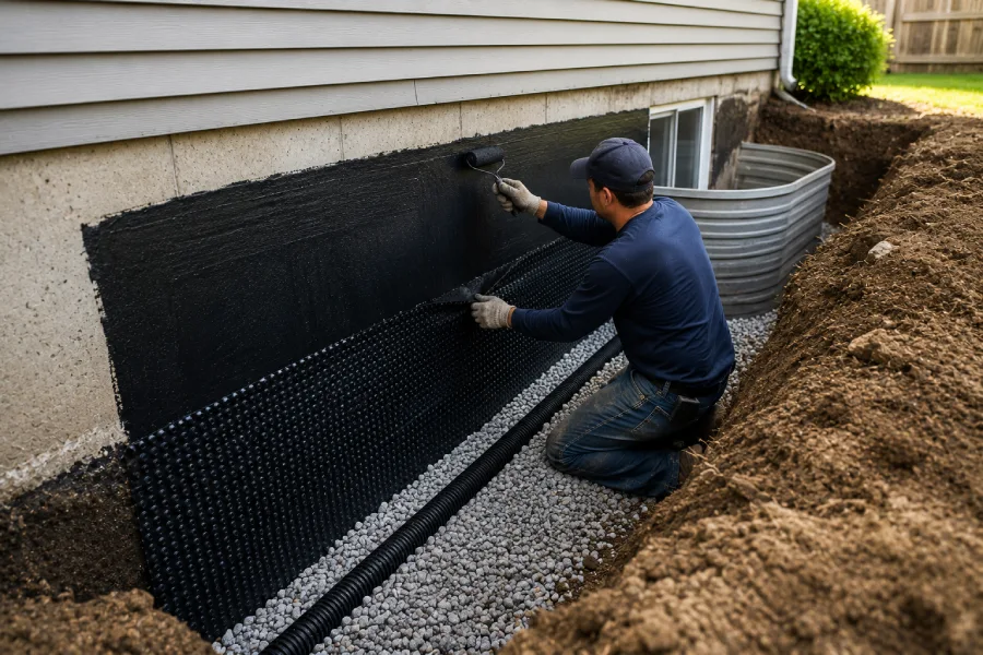 Technician installing foundation waterproofing on a residential home