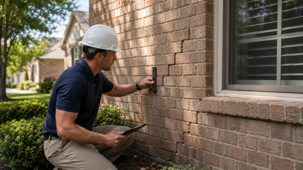 Technician inspecting a brick foundation wall for damage