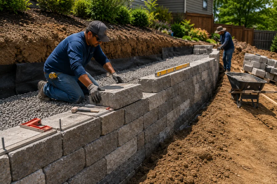 Technician working on a residential retaining wall