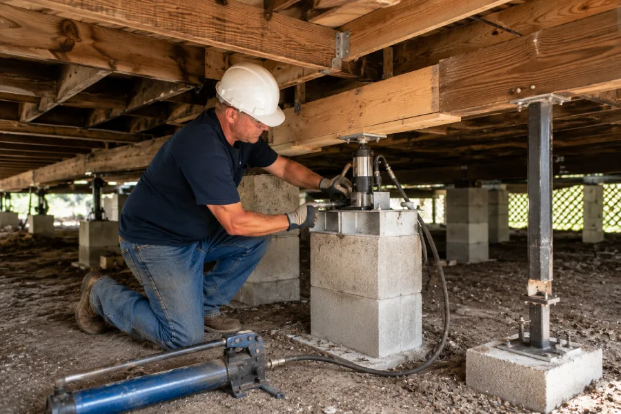 Technician performing foundation repair beneath a residential home