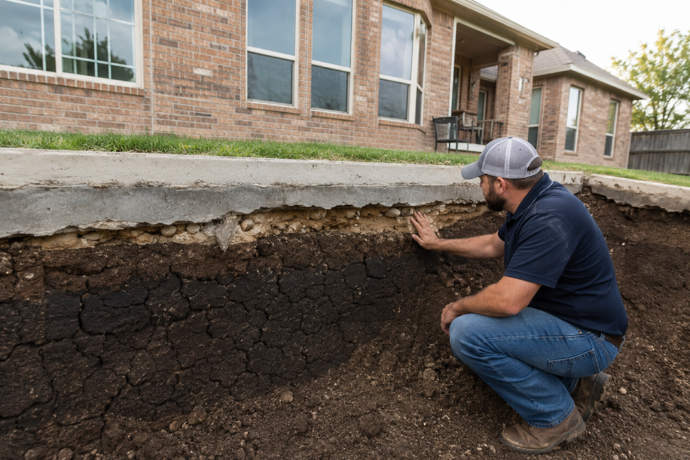 Technician inspecting an exterior residential foundation wall