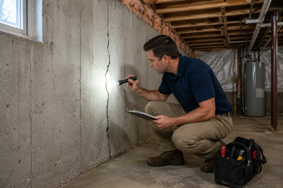 Technician inspecting a crack in a residential foundation wall