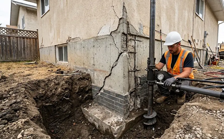 Technician performing foundation repair beside a residential home