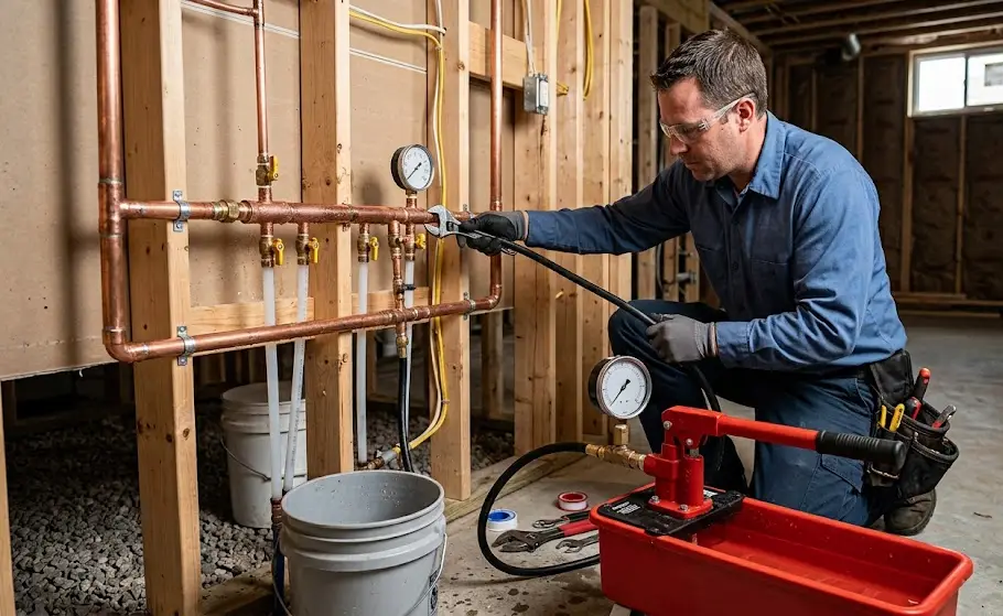Technician inspecting a cracked residential foundation wall