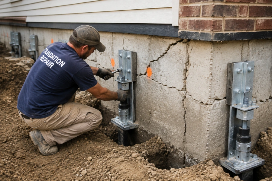 Foundation repair technician repairing a cracked concrete foundation wall