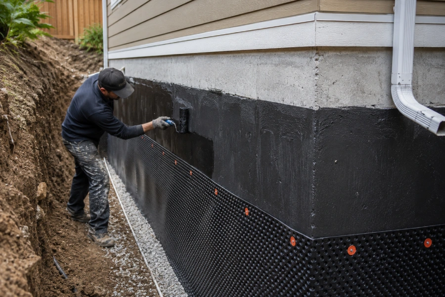 Foundation waterproofing installation on a residential home in DFW